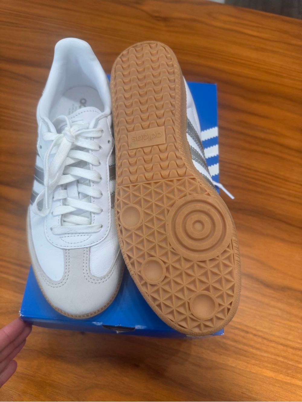 adidas White Sneakers with Silver Stripes and Gum Sole - Picture 3 of 4